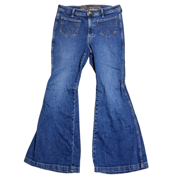 Wrangler Denim - Wrangler Womens Bell Bottom Flare Jeans Medium Wash High Rise Patch Pocket Denim